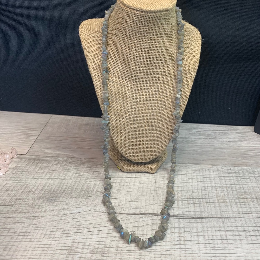 Natural Labradorite Chip Bead Necklace 32 Inch Blue Flash Boho Gemstone Strand